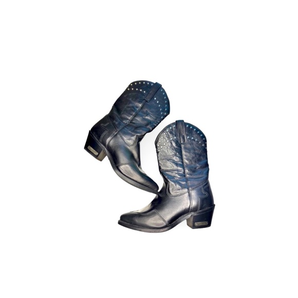 Harley Davidson Western Vintage Silver Studded Black Leather Cowgirl Boots - Picture 1 of 15